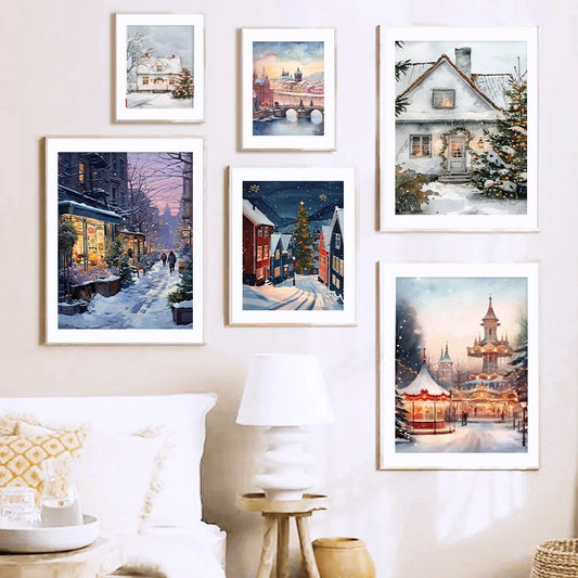 Kerst schilderij romantische winteravond in Parijs met sneeuw en kerstboom