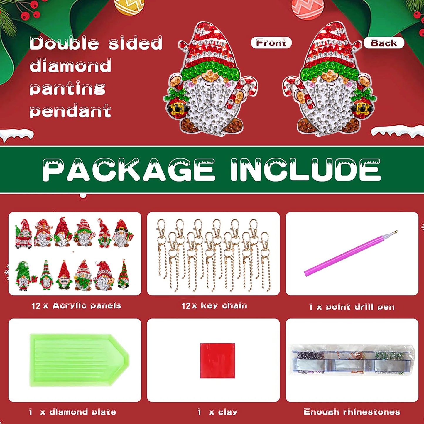 Diamond Painting Kerst Sleutelhangers - 12 Stuks - Gnome