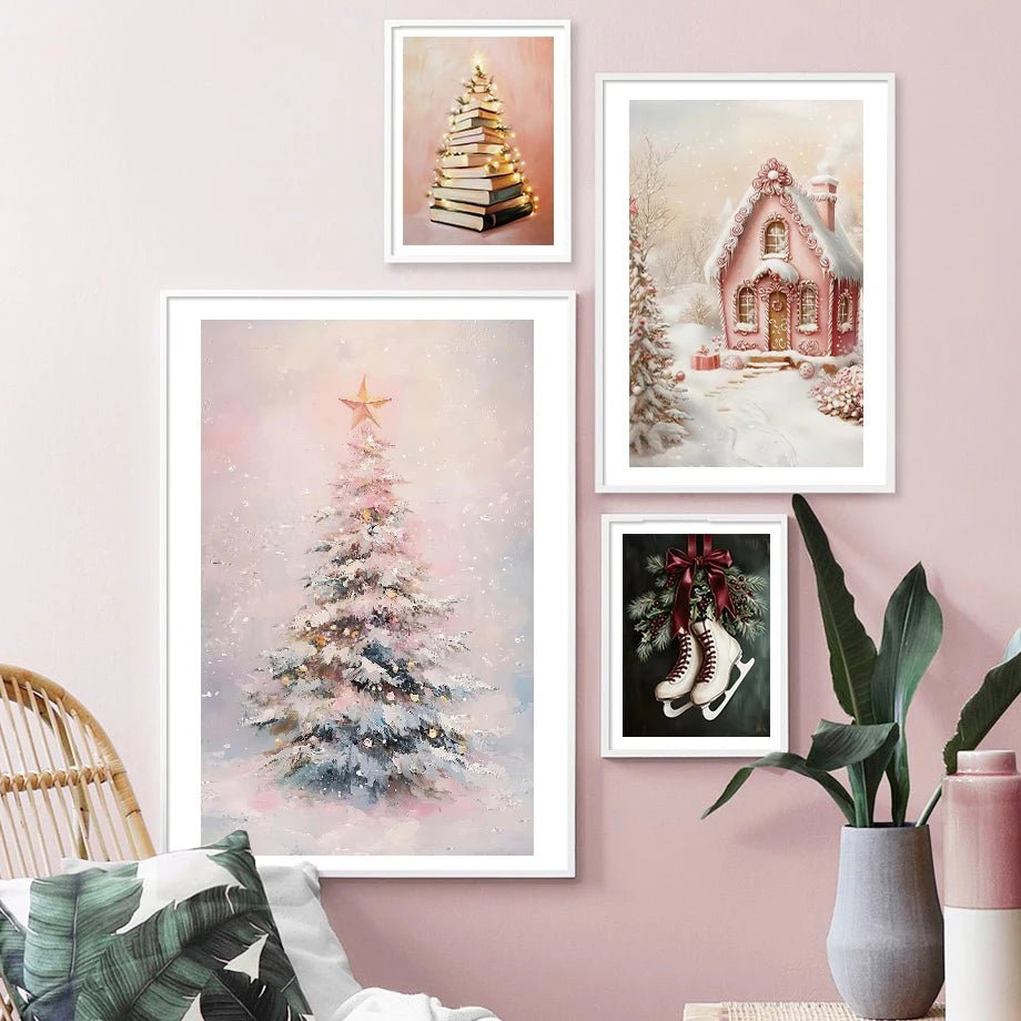 Kerst schilderij roze strik cadeau kerstboom sneeuwhuis slee poster