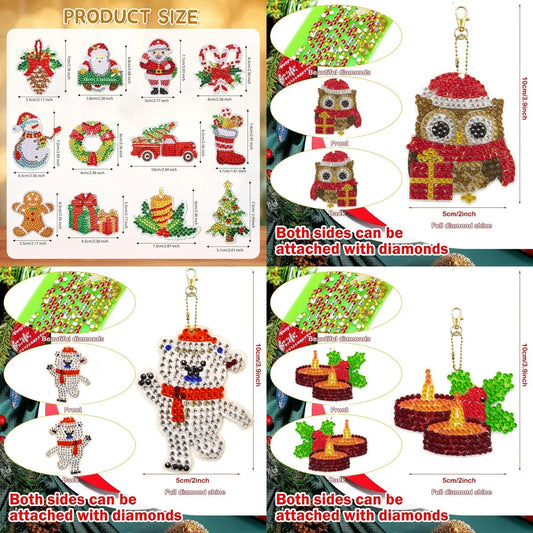 Diamond Painting Kerst Sleutelhangers – 12-delige Dubbelzijdige Set