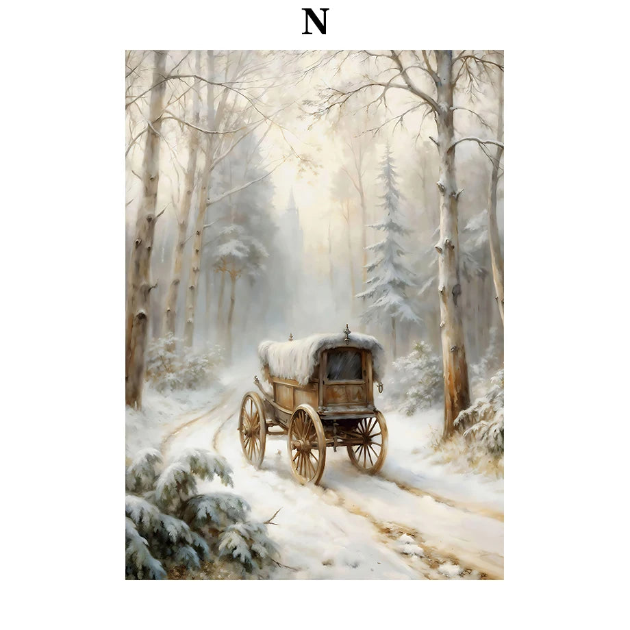 Kerst schilderij met kerstman, sneeuwpop, rendier en arrenslee wintertafereel