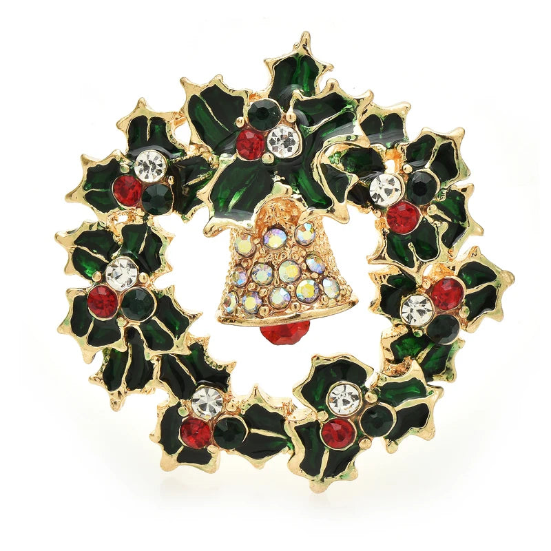 Broche Kerst | Feestelijke Krans met Klokje en Strass Steentjes
