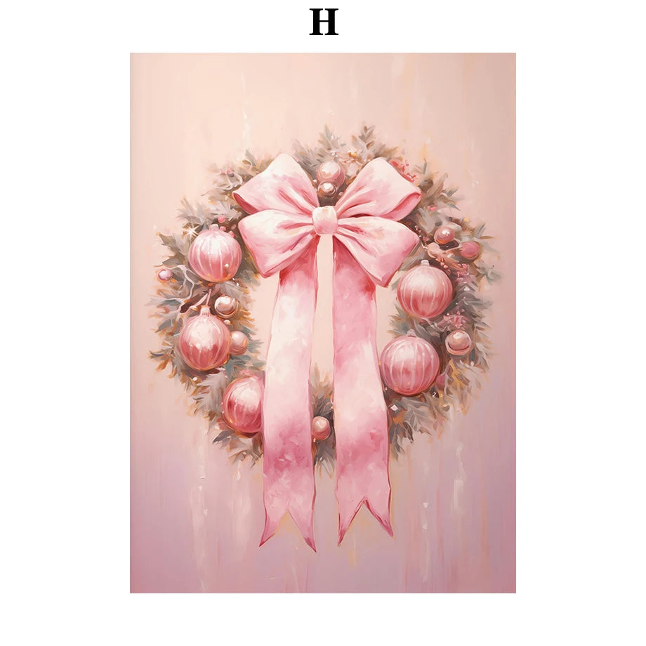 Kerst schilderij rendier en kerstman roze kerstkrans wanddecoratie