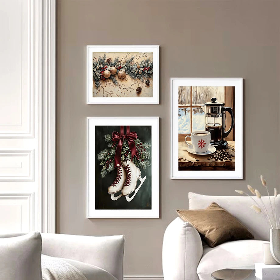 Kerst schilderij roze strik cadeau kerstboom sneeuwhuis slee poster