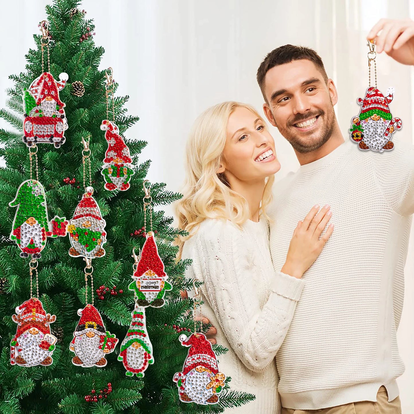 Diamond Painting Kerst Sleutelhangers - 12 Stuks - Gnome