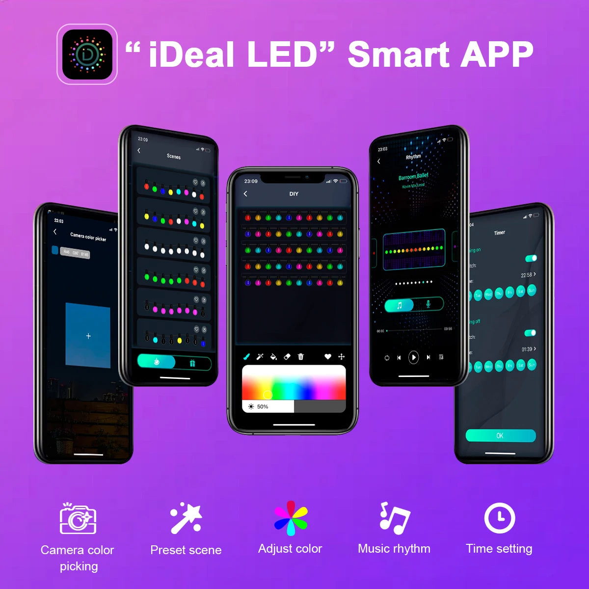 Slimme Kerstverlichting – 10M Bluetooth LED Slinger met 50 Kleurrijke Lampjes, IP44 Waterdicht, USB, Met Muziek & App-bediening