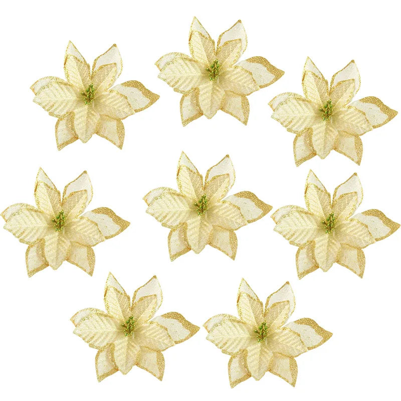 Kerstboom ornament glitter kunstbloemen 13cm decoratie set