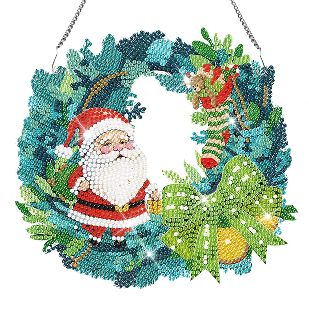 Diamond Painting Kerst krans met Kerstman, vogel, sneeuwpop en meer