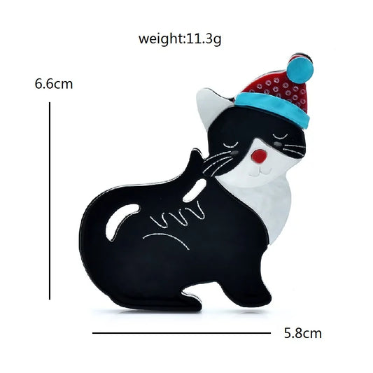 Kerst Broche Schattige Zwarte Kat met Kerstmuts