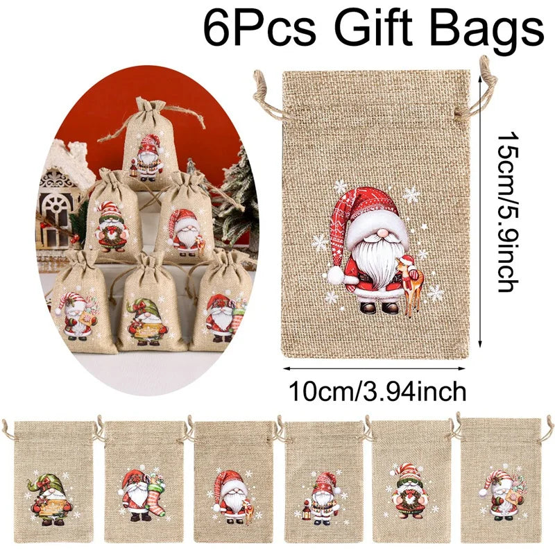 Kerst cadeauverpakking linnen trekkoord zakjes set van 6 stuks