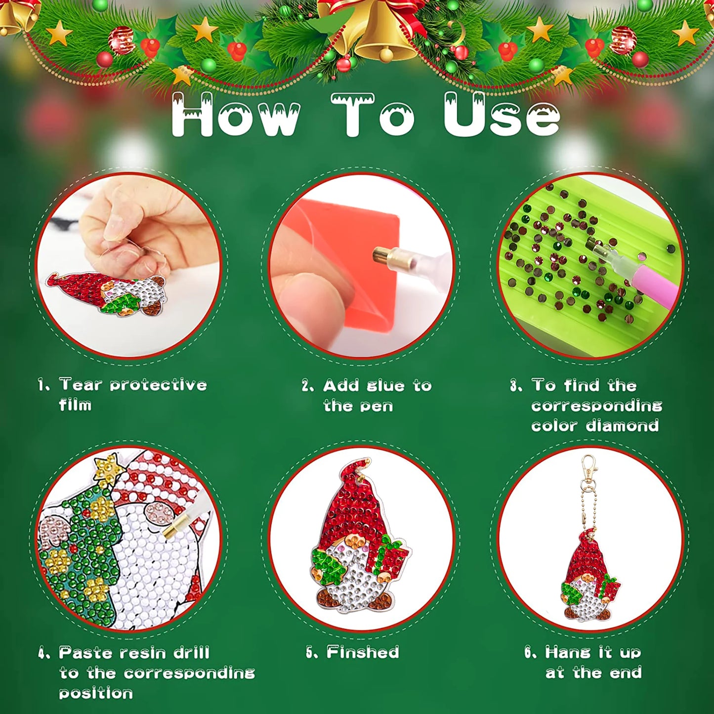 Diamond Painting Kerst Sleutelhangers - 12 Stuks - Gnome