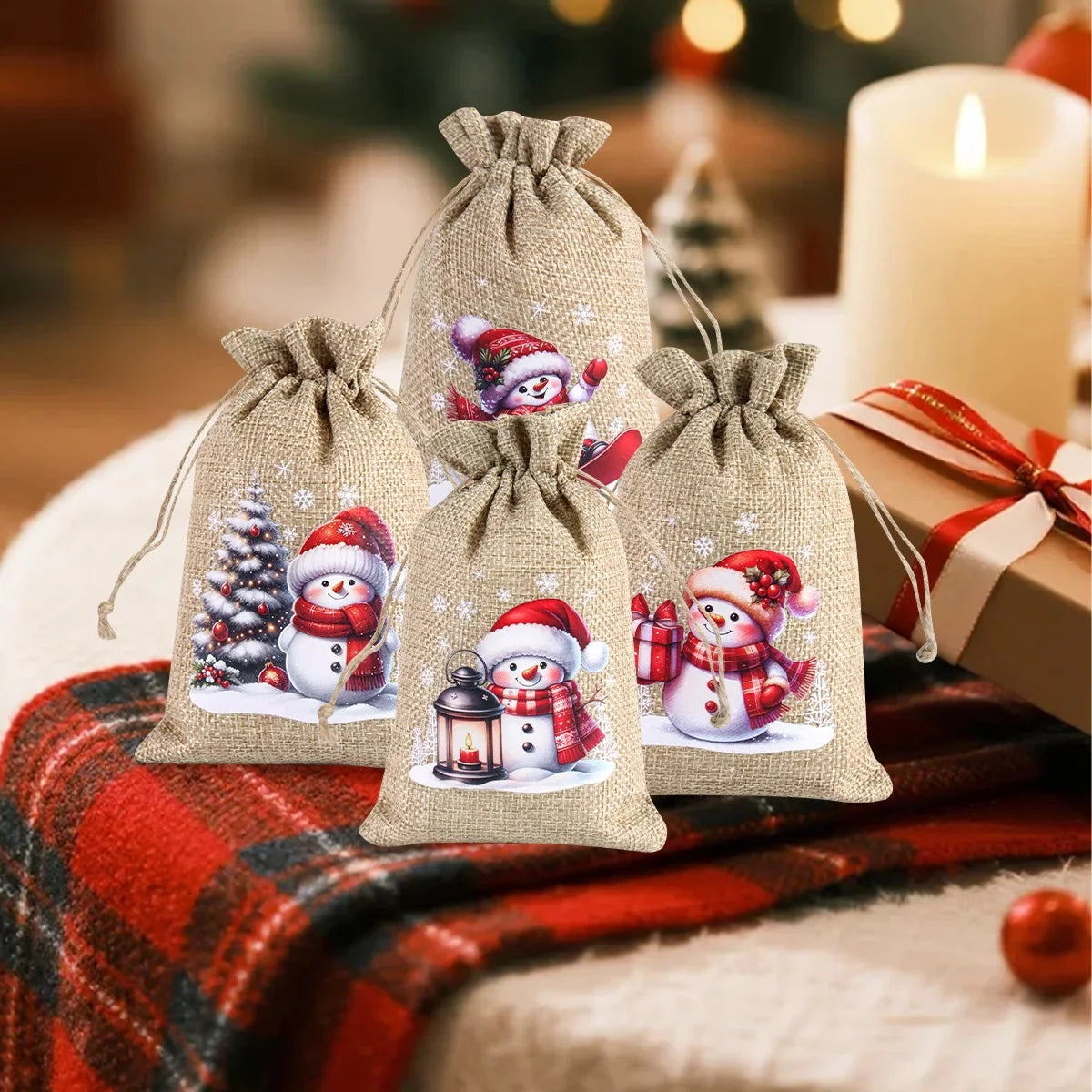 Kerst cadeauverpakking linnen trekkoord zakjes set van 6 stuks