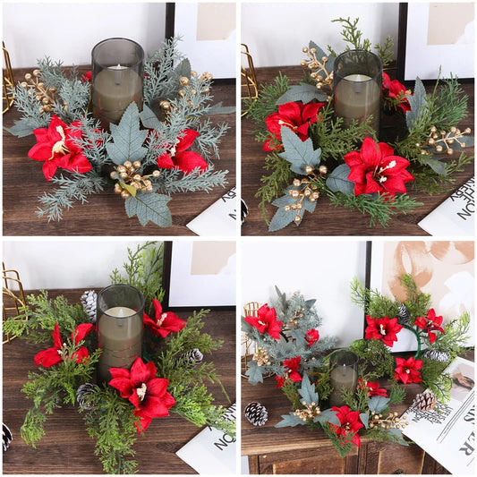 Kerst krans met rode bessen en kaarshouder voor sfeervolle tafeldecoratie