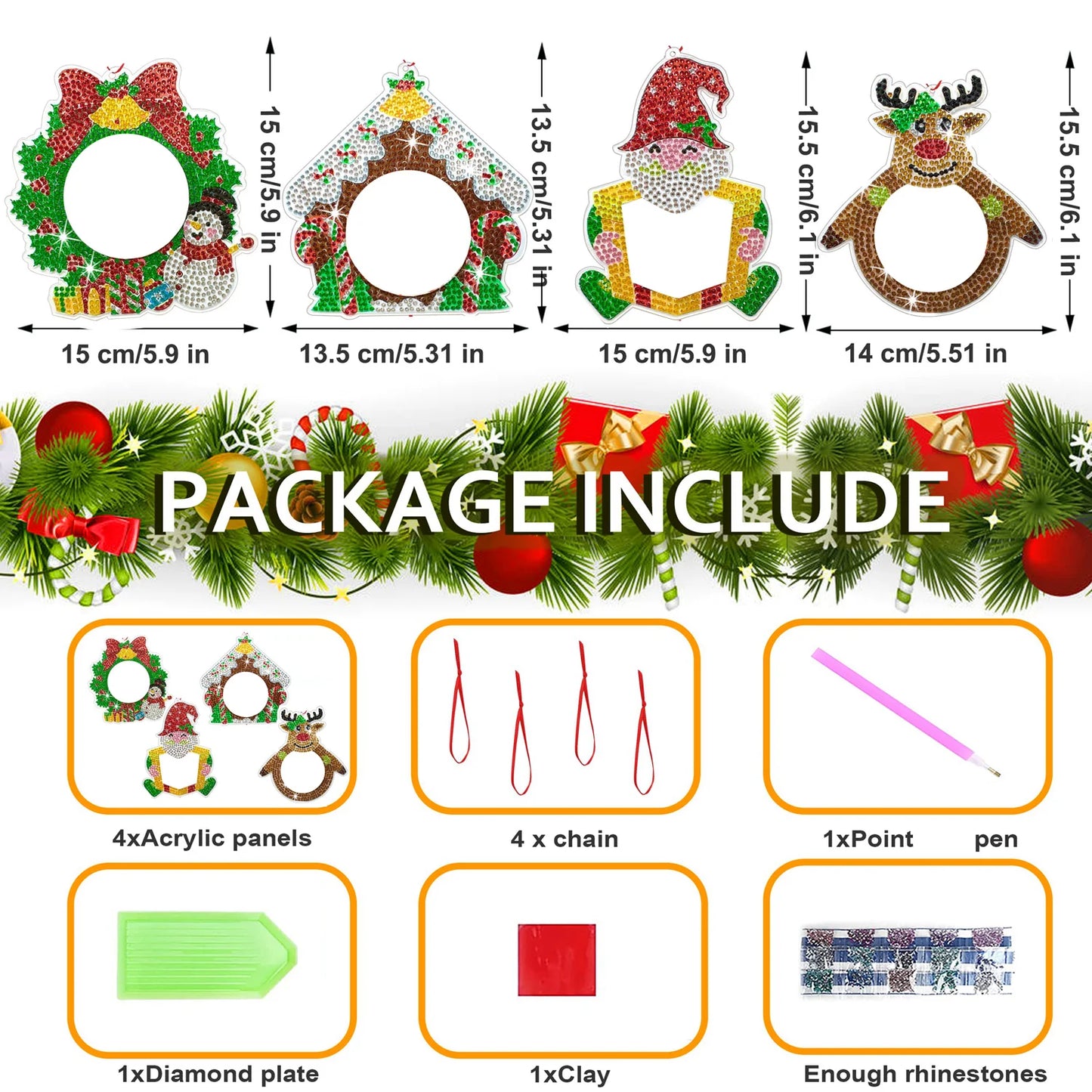 Diamond Painting Kersthangers fotolijst kerstdecoratie set 4 stuks - SDZ004