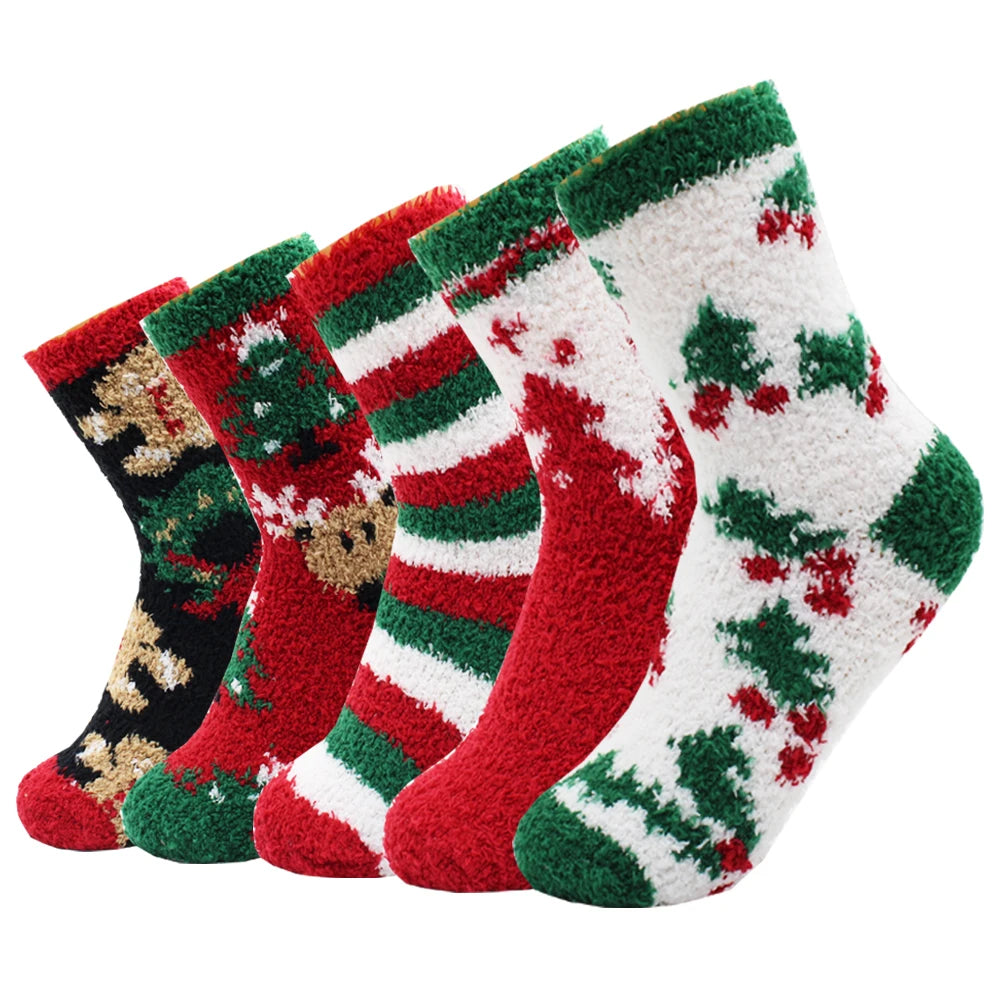 Kerstsokken warme zachte fleece met rendier en sneeuwvlok design – 5 paar