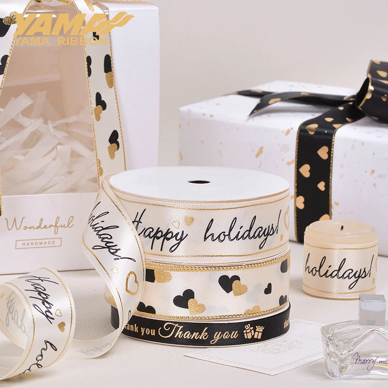 Kerst cadeau lint goud hartjes print – 10 yards luxe feestelijk lint