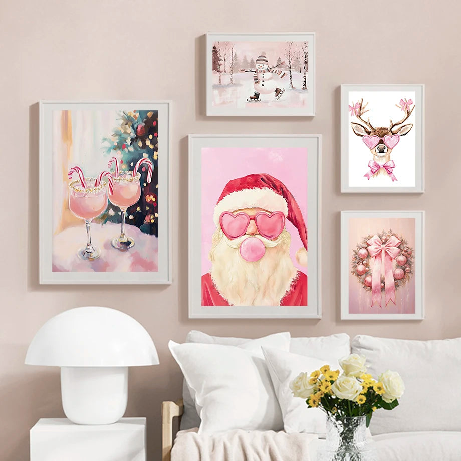 Kerst schilderij rendier en kerstman roze kerstkrans wanddecoratie