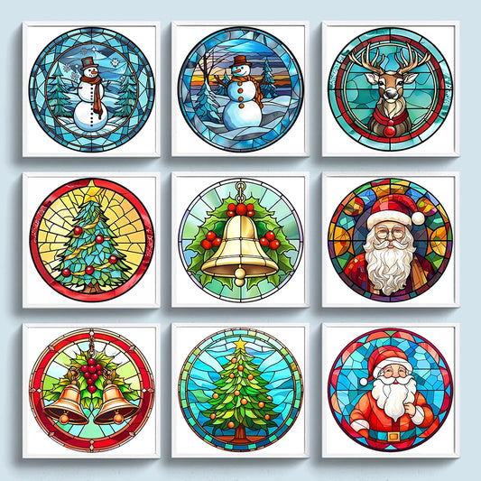 Borduurpakket Kerst – Glas-in-lood Kerstman, Kerstboom, Sneeuwpop