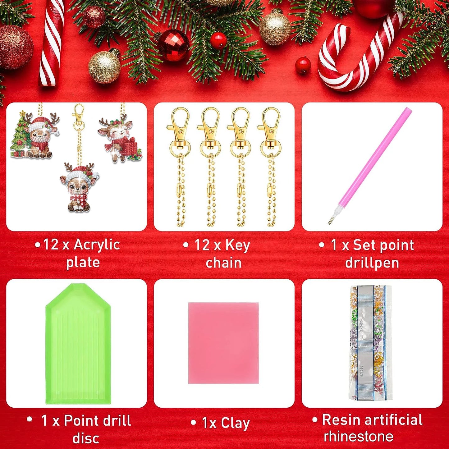 Diamond Painting Sleutelhanger set - 12 Kerst herten ontwerpen