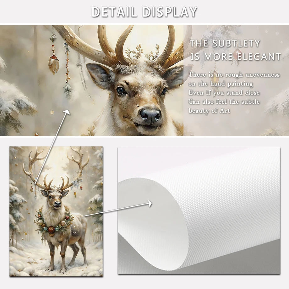 Kerst schilderij met kerstman, sneeuwpop, rendier en arrenslee wintertafereel