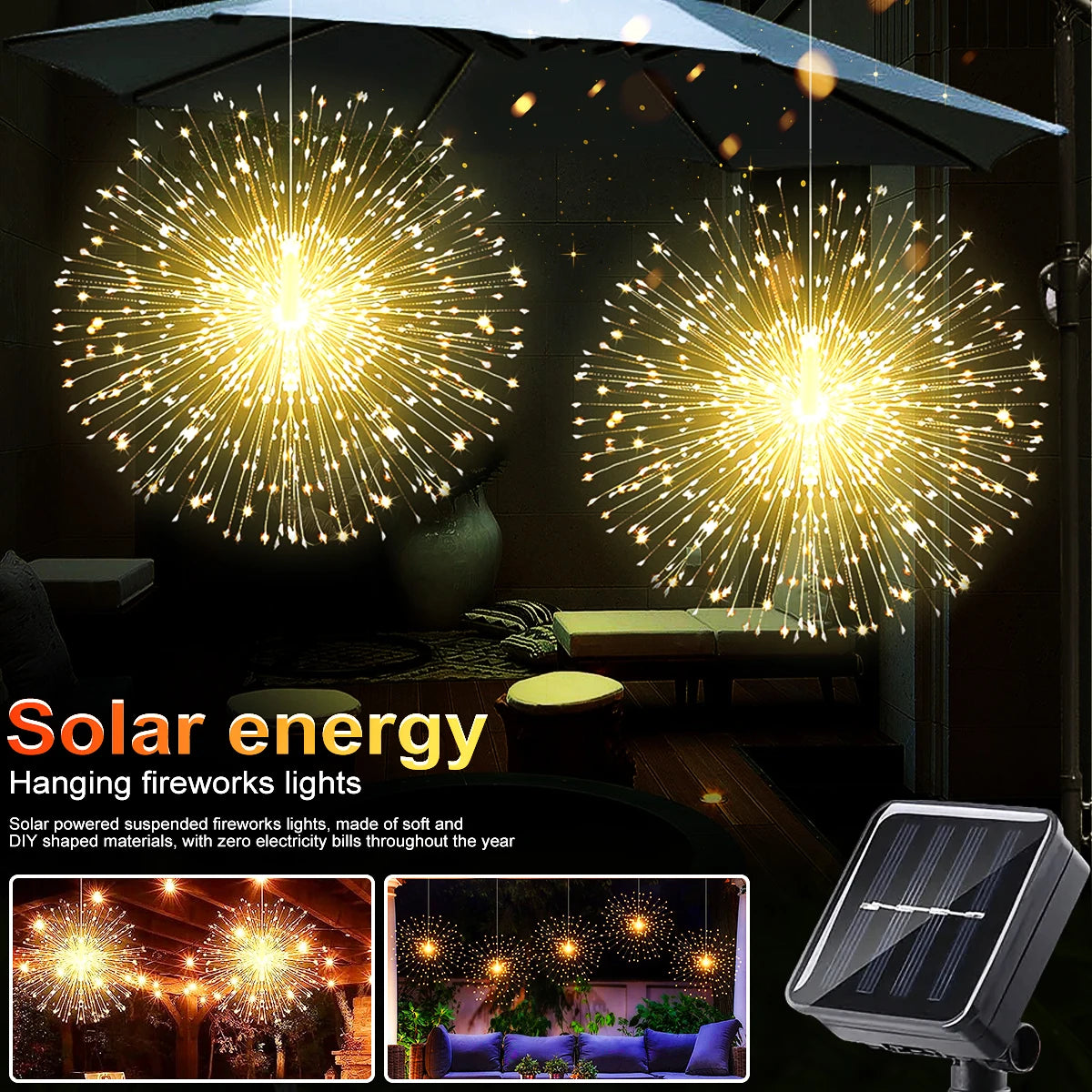 Solar Kerst verlichting vuurwerk buiten – 200 LED koperdraad lichtsnoer met 8 standen