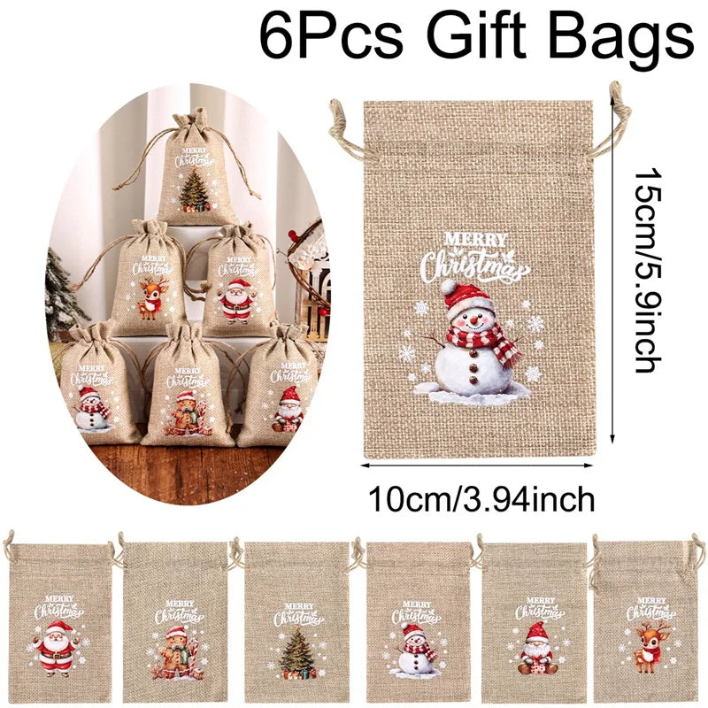 Kerst cadeauverpakking linnen trekkoord zakjes set van 6 stuks