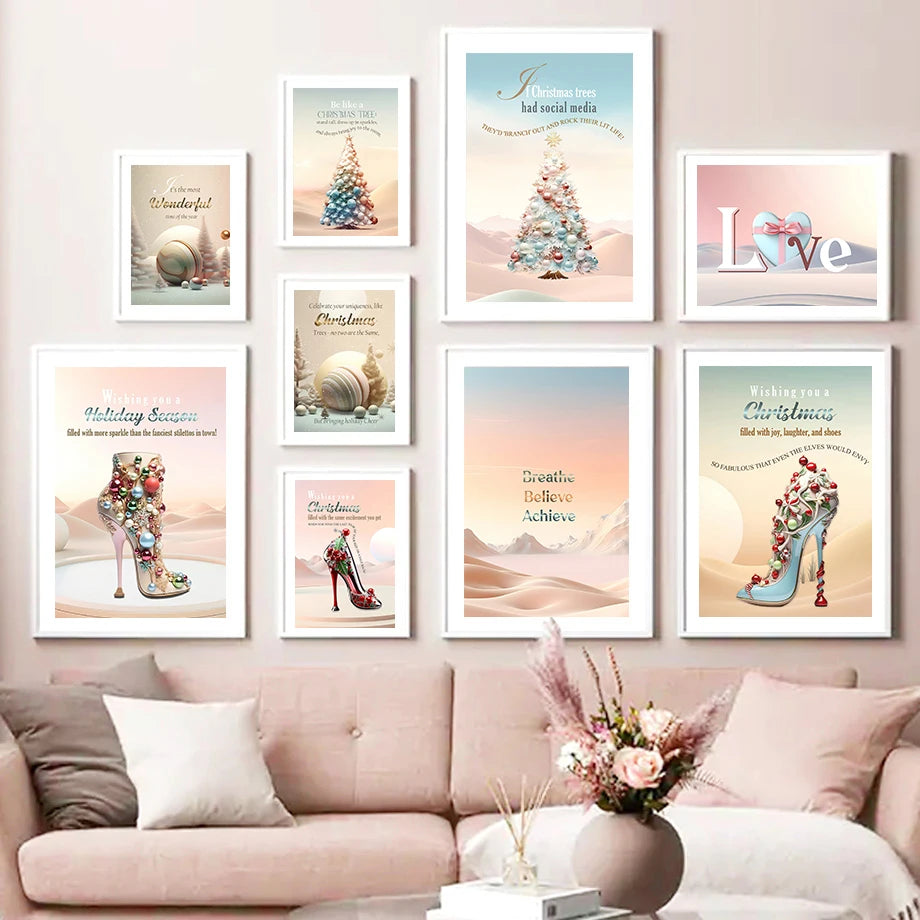 Kerst schilderij modieuze vrouw met kerstboom en hoge hakken op canvas