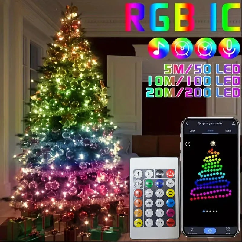 Slimme Kerstverlichting – RGBIC LED Lichtslang 5V USB | 5M/10M/20M | App & Afstandsbediening | IP65 Waterdicht | Droomkleuren