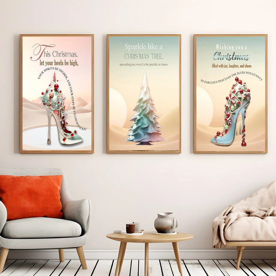 Kerst schilderij modieuze vrouw met kerstboom en hoge hakken op canvas