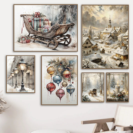 Kerst schilderij met kerstman, sneeuwpop, rendier en arrenslee wintertafereel