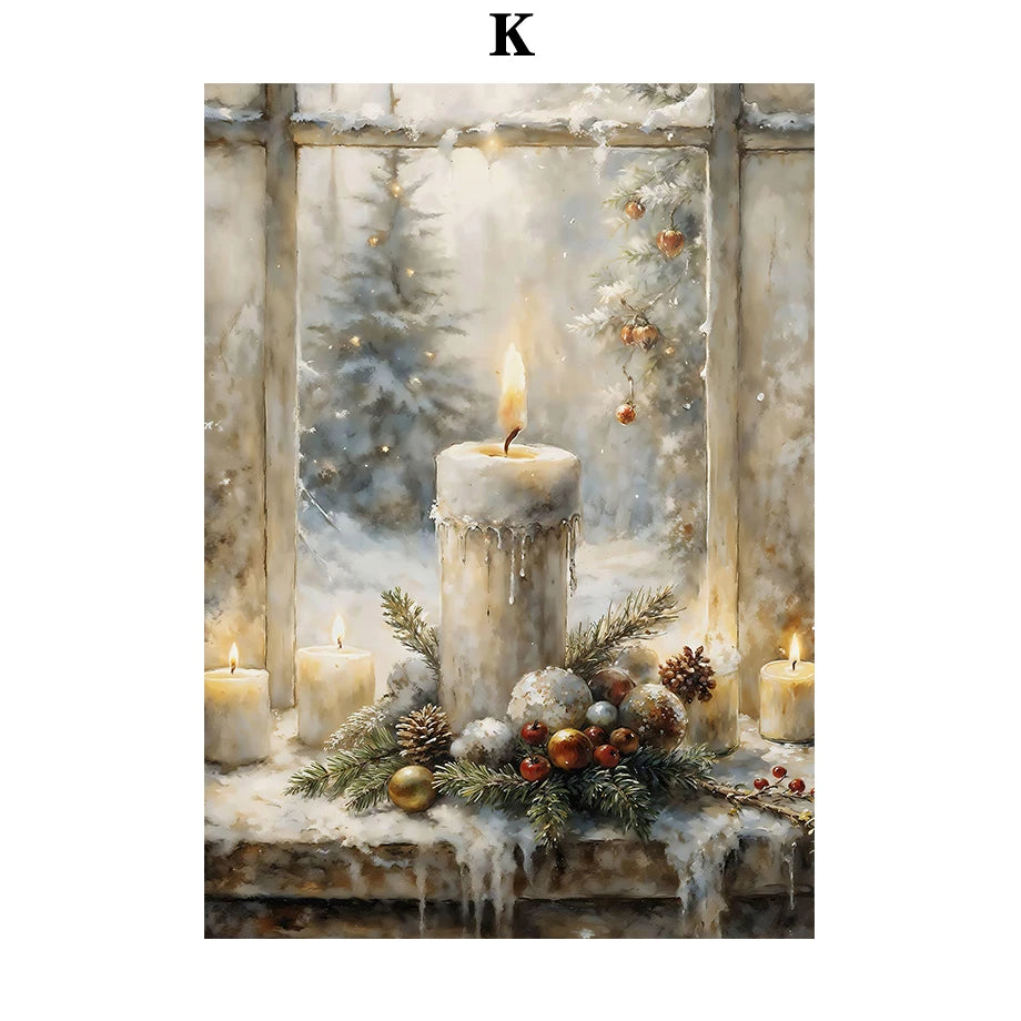 Kerst schilderij met kerstman, sneeuwpop, rendier en arrenslee wintertafereel