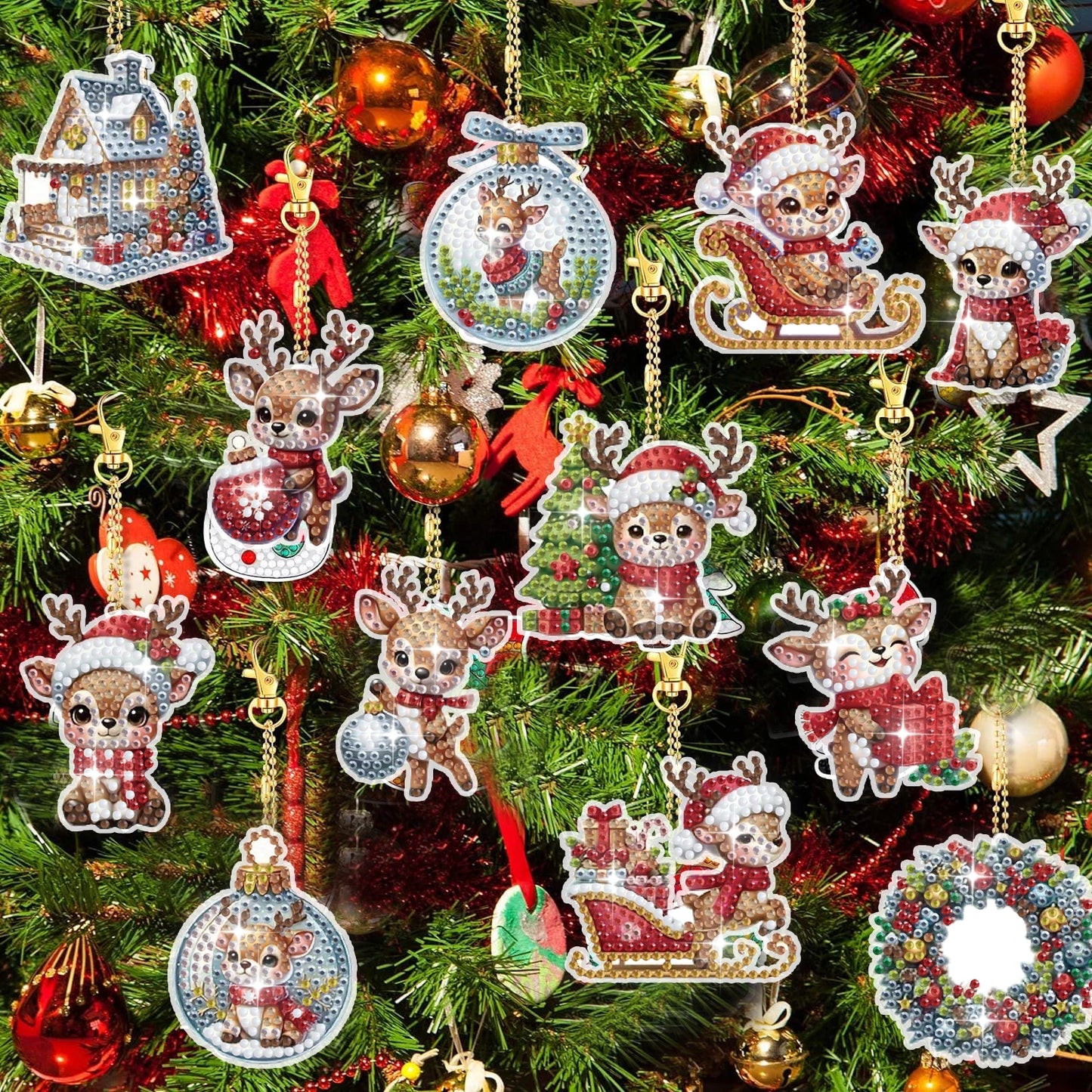 Diamond Painting Sleutelhanger set - 12 Kerst herten ontwerpen