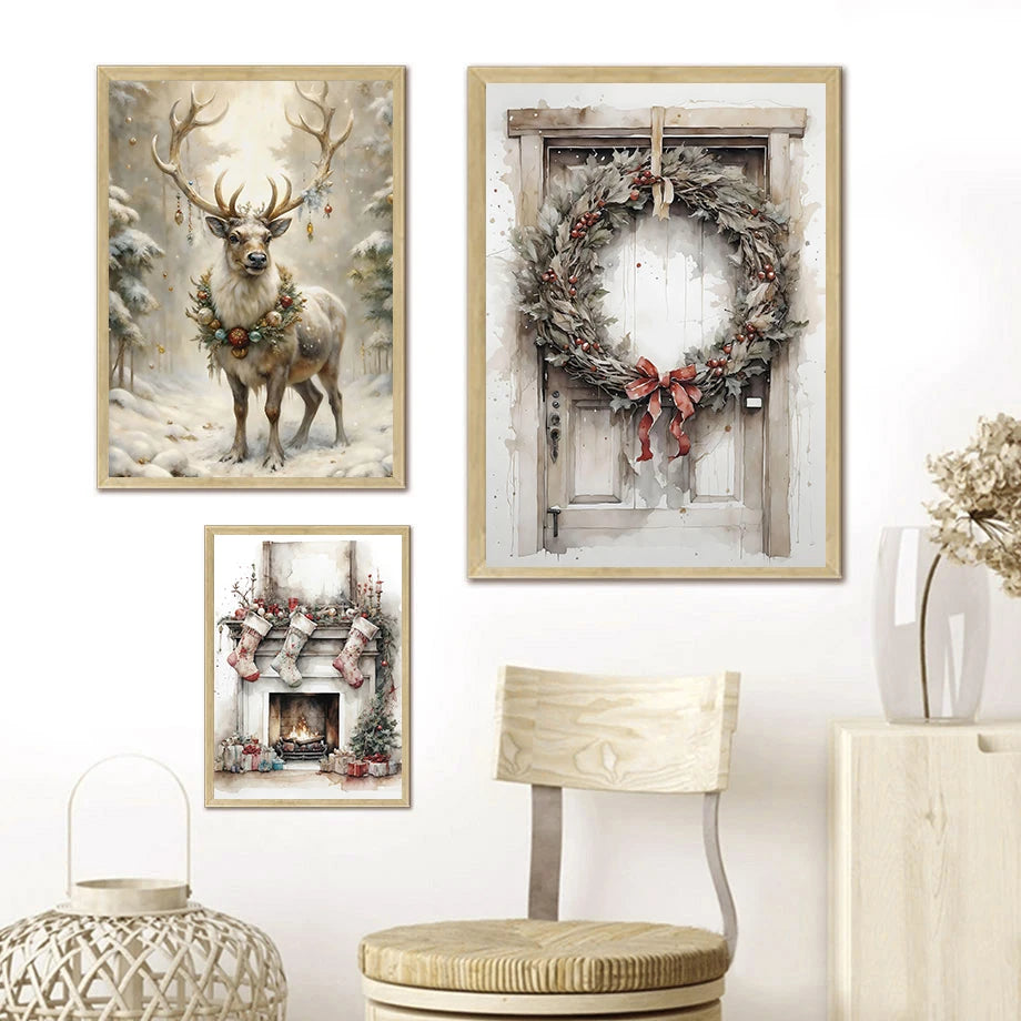 Kerst schilderij met kerstman, sneeuwpop, rendier en arrenslee wintertafereel