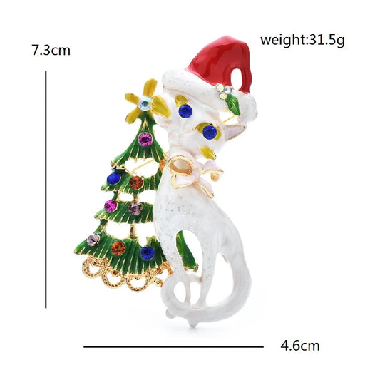 Broche Kerst | Schattige Kat met Kerstboom en Muts – Dames Broche