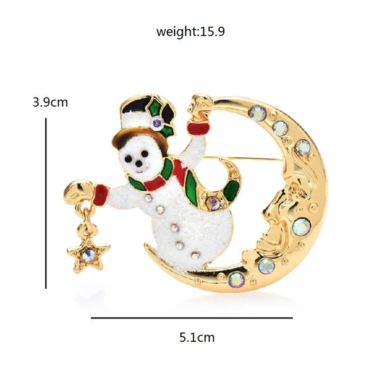 Broche Kerst | Romantische Sneeuwpop met Ster en Maan – Feestelijke Speld