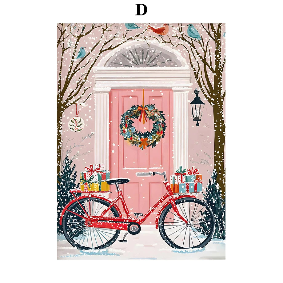 Kerst schilderij roze strik cadeau kerstboom sneeuwhuis slee poster