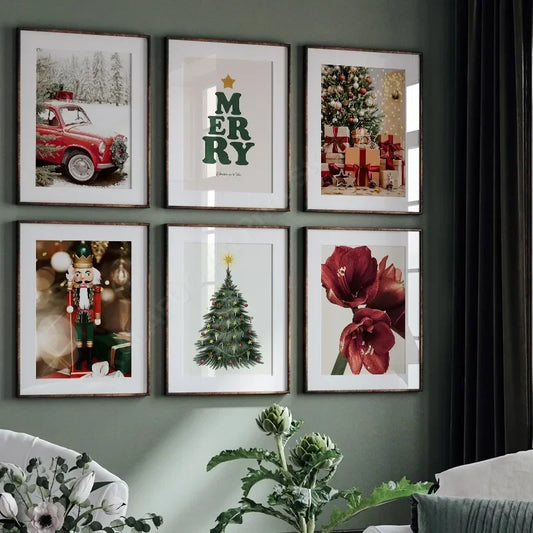 Kerst schilderij rode amaryllis met kerstboom en notenkraker – sfeervolle wanddecoratie