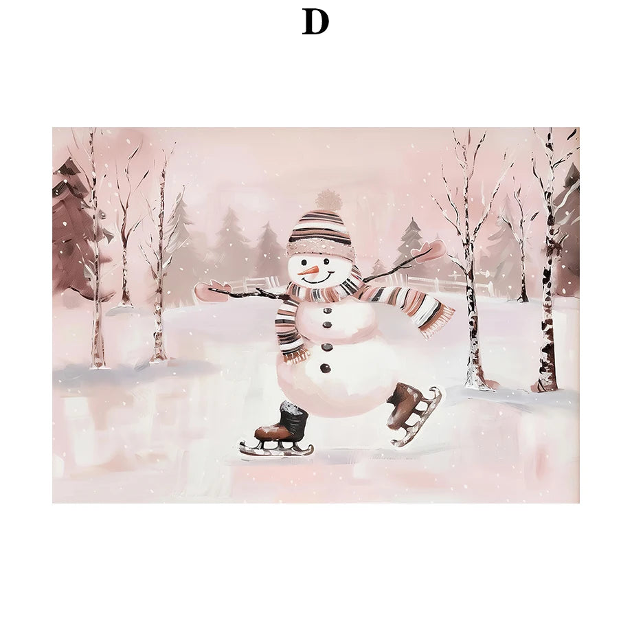 Kerst schilderij rendier en kerstman roze kerstkrans wanddecoratie