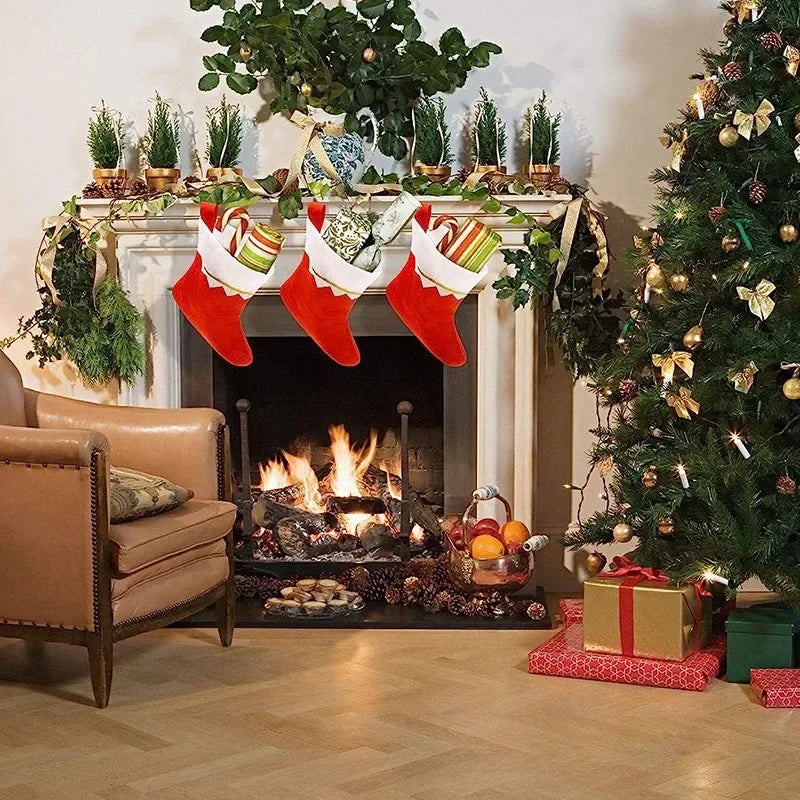 Kerstsokken set 6 stuks wit groen goud draad decoratie cadeauzak