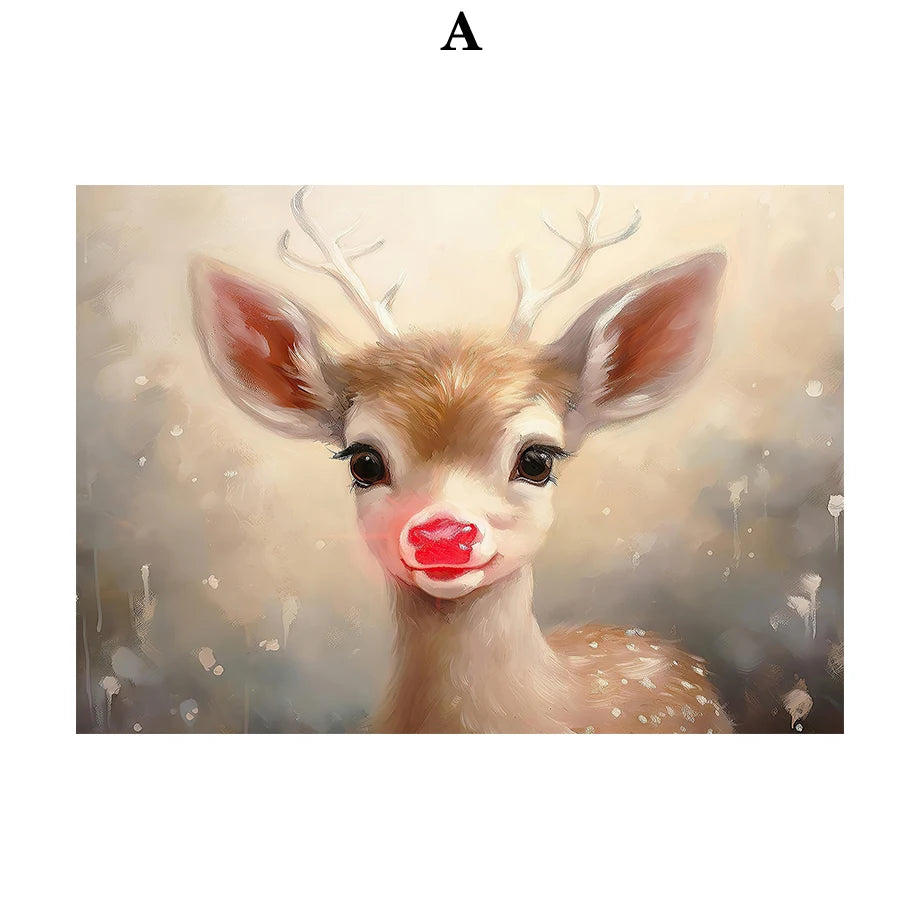Kerst schilderij rendier en kerstman roze kerstkrans wanddecoratie
