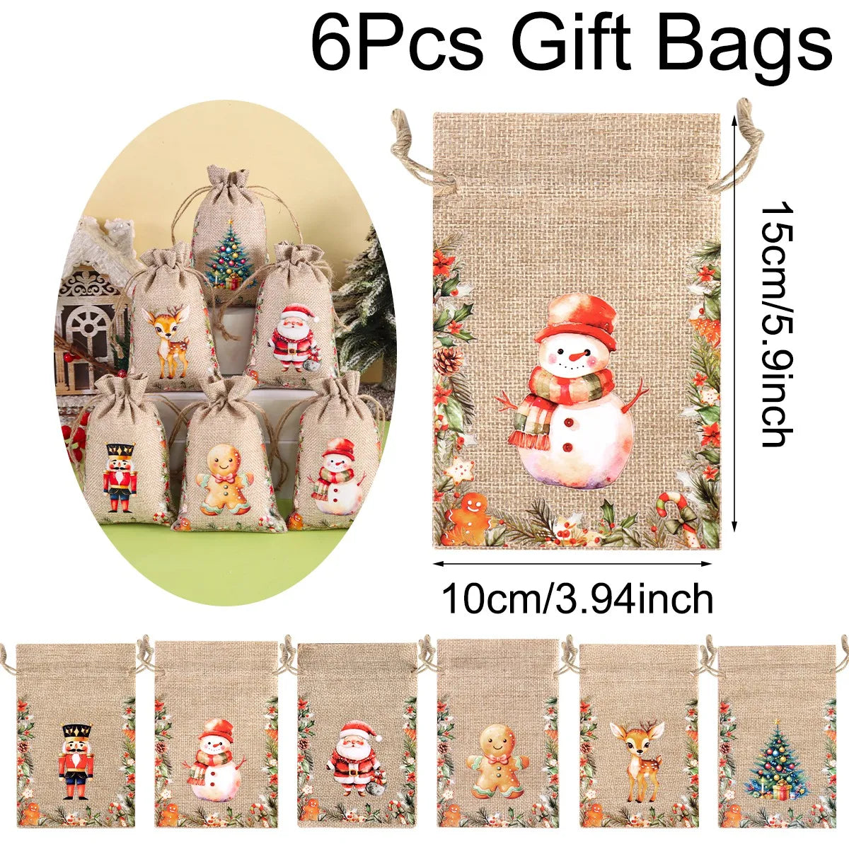 Kerst cadeauverpakking linnen trekkoord zakjes set van 6 stuks
