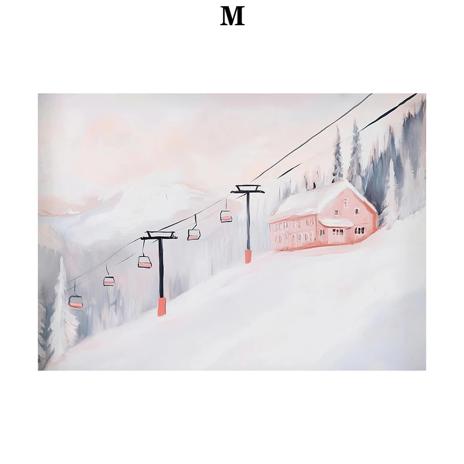 Kerst schilderij roze strik cadeau kerstboom sneeuwhuis slee poster