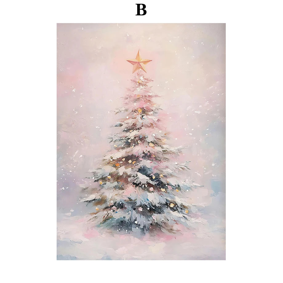 Kerst schilderij roze strik cadeau kerstboom sneeuwhuis slee poster