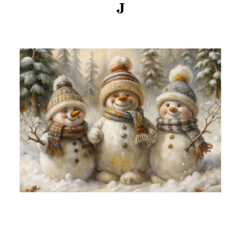 Kerst schilderij met kerstman, sneeuwpop, rendier en arrenslee wintertafereel