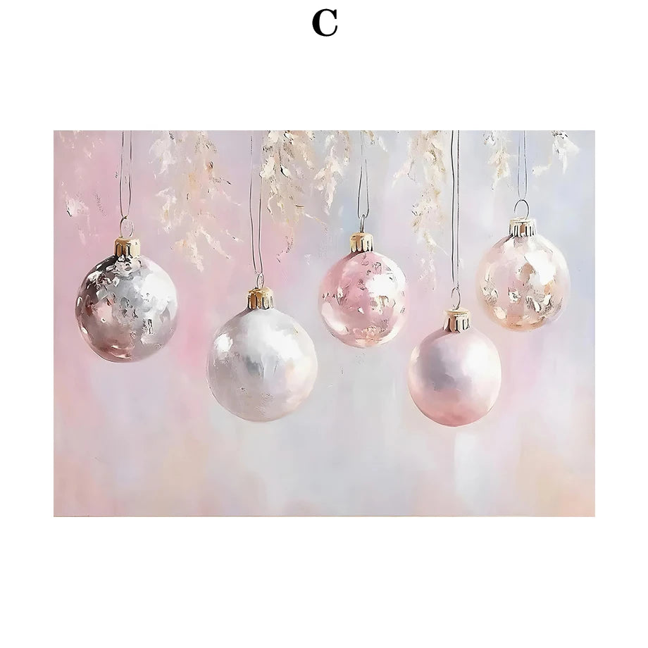 Kerst schilderij roze strik cadeau kerstboom sneeuwhuis slee poster