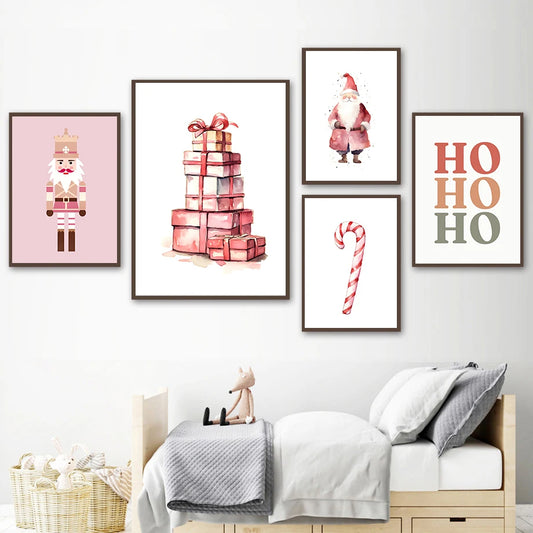 Kerst schilderij kerstboom met kerstman sneeuwhuis canvas poster