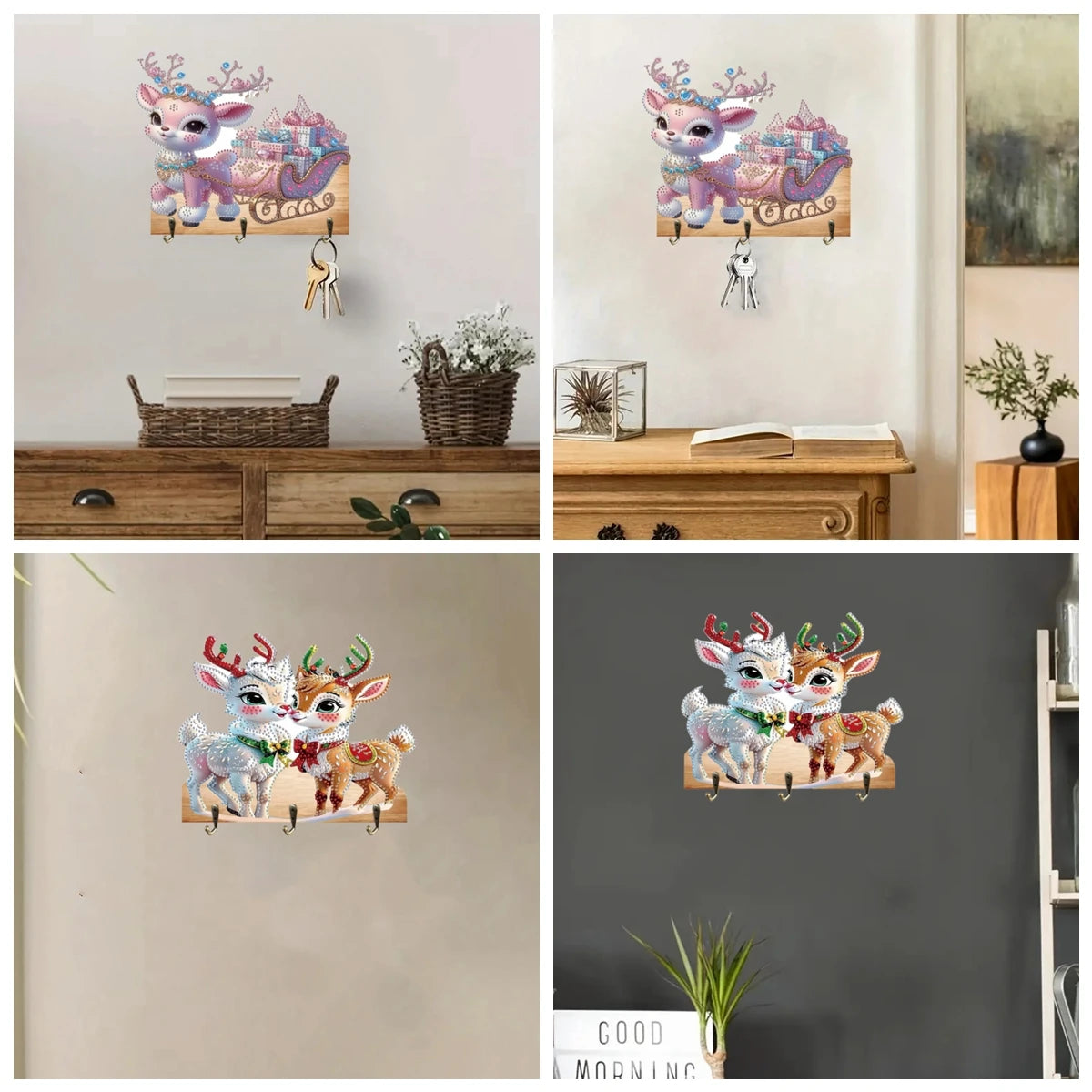 Diamond Painting Kapstok/Sleutelrek Kerst – Houten Wandhaak met Diamond Painting Steentjes