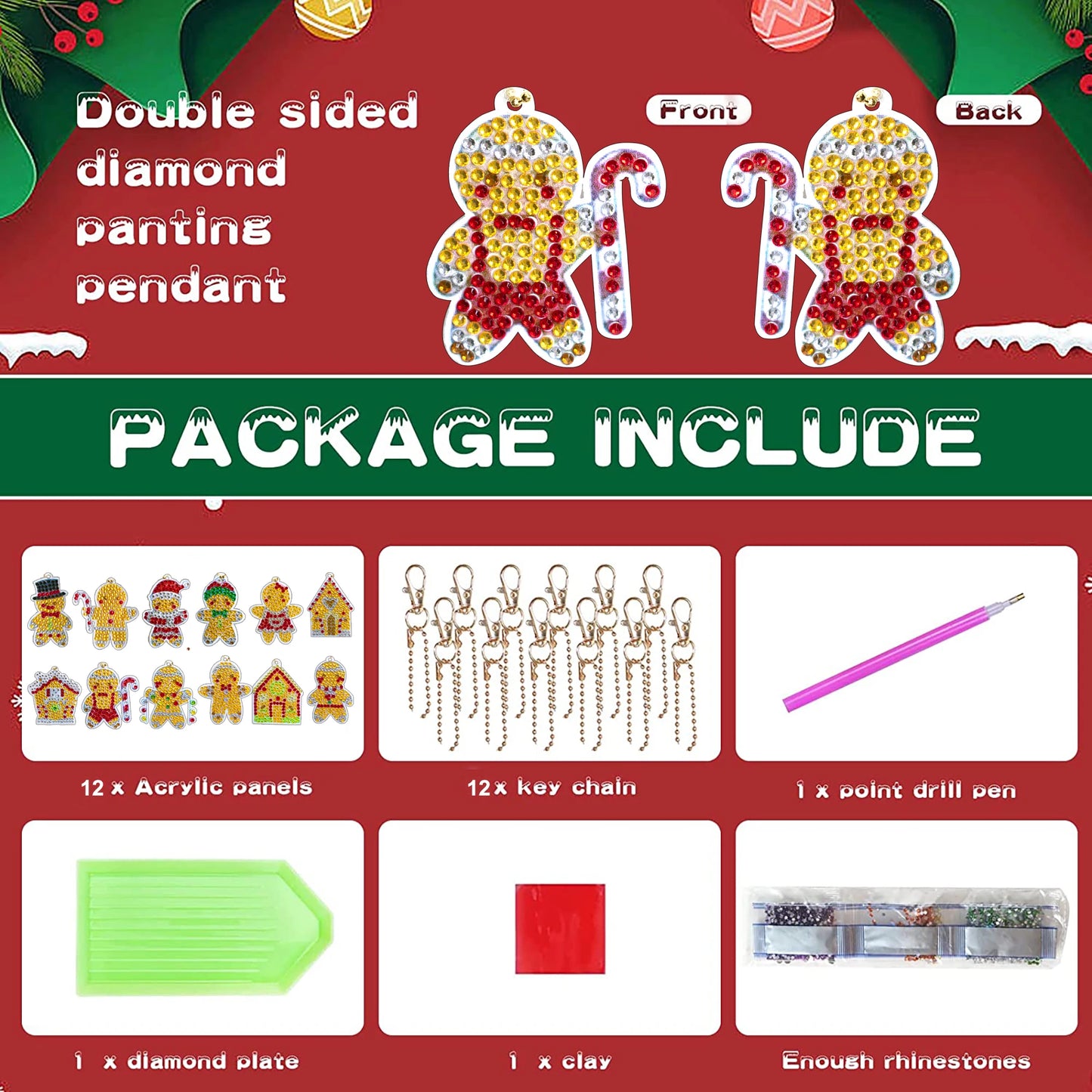 Diamond Painting Kerst Sleutelhangers - 12 Stuks - Gingerbread