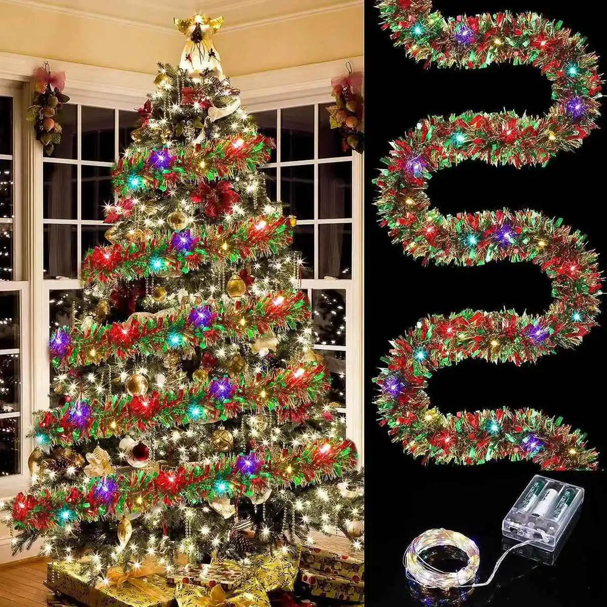 Verlichte Kerst guirlande met LED verlichting en glanzende decoratie