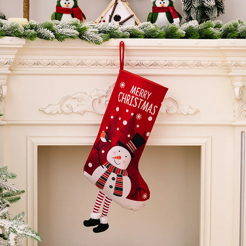 Kerstsok grote cadeausok met kerstman en sneeuwpop decoratie